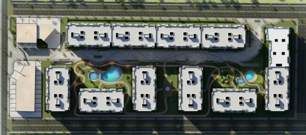 Top-down view of Civ West residential complex layout showcasing modern apartment buildings, landscaped pathways, green spaces, and serene water features in a meticulously planned community