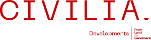 CIVILIA Developments logo with the tagline 'From Land to Landmark' in red text
