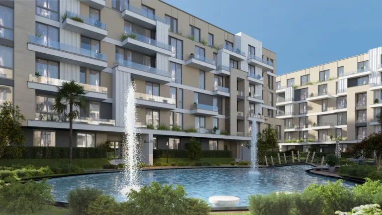 Luxury CIV WEST residential complex showcasing modern apartment buildings with spacious glass balconies, beautifully landscaped gardens, and a serene pond with elegant fountains, creating a perfect blend of comfort and sophistication